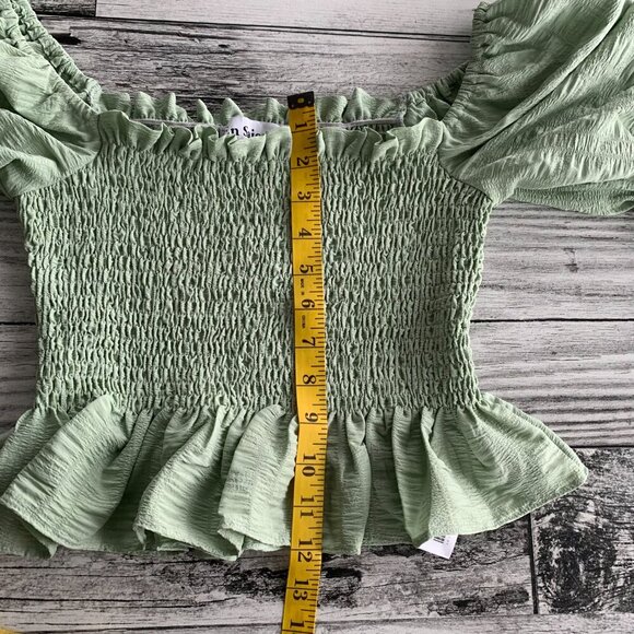 En Saison Crop Top Mint Smocked Puff Sleeve Square Neck Peasant Boho Blouse - Picture 11 of 12